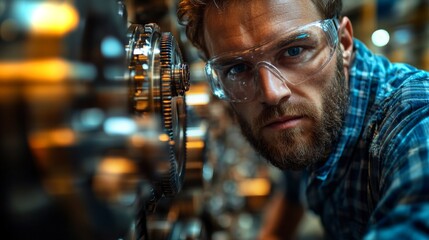 Poster - A skilled technician inspects intricate machinery components in a bustling factory environment. Safety gear is worn as he ensures proper functioning of automation equipment.