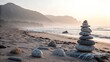 © CreativeEarth - Serene Beach Sunset Balanced Stones, Zen Composition, Coastal Photography