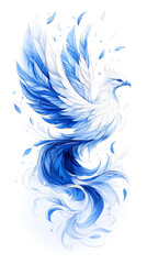 Graceful white and blue phoenix ascending with flowing feathers and an ethereal glow. Concept of rebirth, transformation, and celestial power.