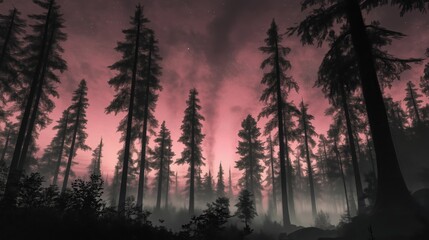 Wall Mural - a serene forest silhouette against a pink and purple sky at dusk.