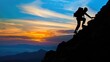 © budi - Silhouette of a climber ascending a rocky mountain at sunset, with vibrant clouds and distant peaks in the background