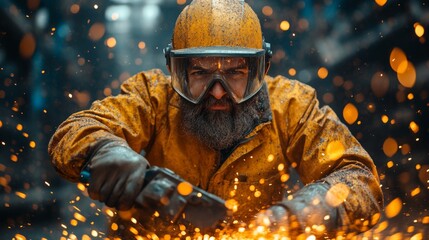 Leinwandbilder - A skilled worker is intensely focused on fabricating metal parts in a busy manufacturing facility.