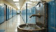 © Chatchawan - Water fountain overflowing in school hallway maintenance issue in educational environment