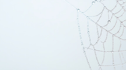 Close-up of a delicate spiderweb covered in glistening dew drops, creating a mesmerizing pattern of nature's artistry against a soft, diffused background.