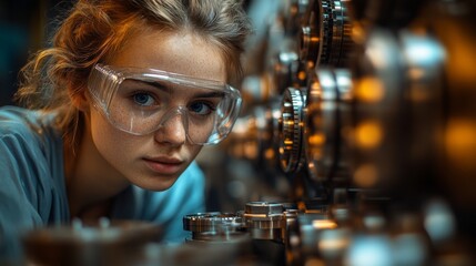 Leinwandbilder - A young woman wearing safety goggles is closely examining intricate machinery in a modern industrial workshop. The environment highlights advanced automation and engineering practices.