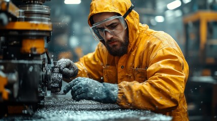 Leinwandbilder - A worker wearing yellow protective clothing is focused on operating machinery inside an industrial factory. Shavings and debris are scattered on the production floor as equipment runs.
