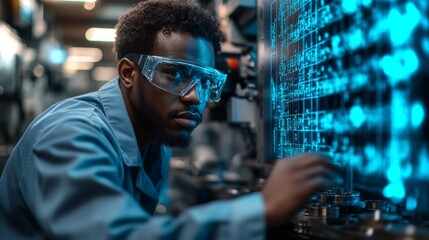 Leinwandbilder - A technician adjusts the controls of automated equipment in an industrial workshop. Wearing safety goggles, he focuses on ensuring seamless operation of machinery.