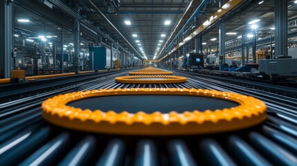 Leinwandbilder - Brightly lit factory interior features a conveyor system transporting circular components. Automated machinery operates seamlessly in the background, enhancing productivity and efficiency.