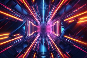 Wall Mural - Abstract futuristic tunnel structure dark background with neon blue pink and orange glow