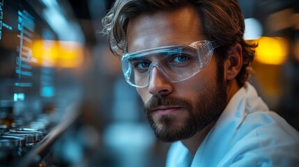 Poster - An engineer in safety glasses examines advanced machinery in a manufacturing workshop. The facility is well-lit, showcasing high-tech equipment and an organized workspace.