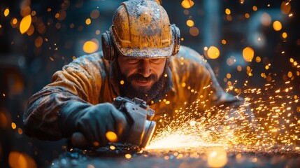 Fototapete - A worker in protective gear is focused on metal fabrication, using a grinding tool that creates bright sparks. The factory is busy with automated machinery operating nearby.