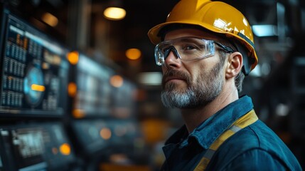 Leinwandbilder - A dedicated worker inspects the intricate control panel in an automated manufacturing facility. This scene showcases modern engineering practices in a bustling industrial environment.