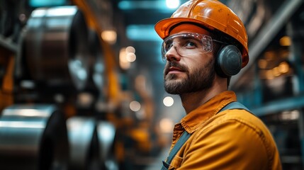 Leinwandbilder - A focused worker wearing a hard hat and safety gear studies the machinery in a busy factory environment. The facility features advanced automation and production lines.