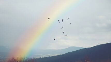 Wall Mural - A vibrant rainbow arching over a mountain landscape with birds flying in the sky.