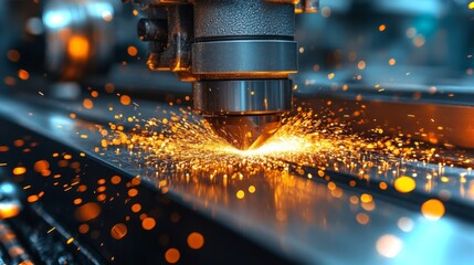 Leinwandbilder - A laser cutting tool is actively processing a metal sheet in a high-tech manufacturing facility, producing bright sparks and showcasing automation and engineering advancements.