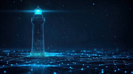 Wall Mural - a digital lighthouse illuminating the dark sea in a futuristic network of light and data representat