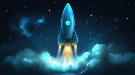 Wall Mural - A blue rocket launching into a starry night sky with clouds and glowing flames.