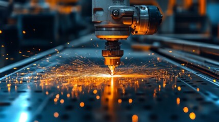Leinwandbilder - Laser technology is employed in a modern manufacturing facility to cut metal sheets with precision. Bright sparks fly as the machine operates, showcasing advanced engineering and automation.