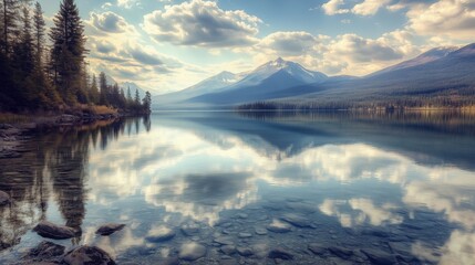 Wall Mural - A tranquil lake surrounded by mountains and trees, reflecting clouds in the water.