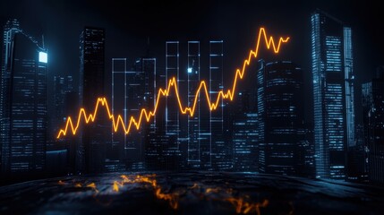 Wall Mural - night city skyline with glowing orange graph line representing financial growth and data analysis in