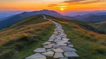 Wall Mural - A beautiful stone path leading through mountains during a vibrant sunset.