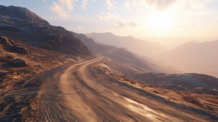 Wall Mural - A winding dirt road through mountains during sunset with warm light illuminating the landscape.