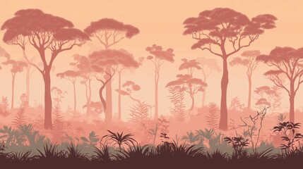 Wall Mural - A tranquil forest scene with tall trees and soft colors during sunset.