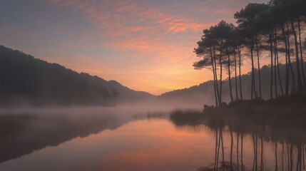Wall Mural - A tranquil lake reflecting the colorful sky at dawn, surrounded by mist and trees.