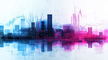 Wall Mural - abstract digital skyline with vibrant blue and pink colors, representing growth, finance, and techno