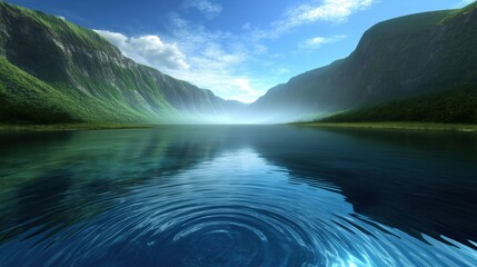 Wall Mural - A tranquil lake surrounded by lush green mountains under a clear blue sky.