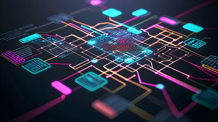 Abstract Digital Circuit Board With Neon Blue And Orange Pixelated Elements In Dark Background