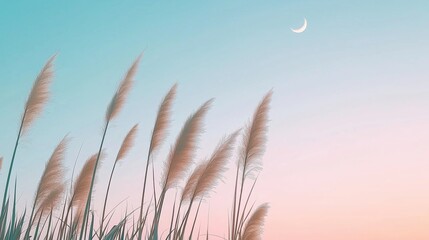 Wall Mural - silhouetted grass swaying gently under a pastel sunset with a crescent moon.