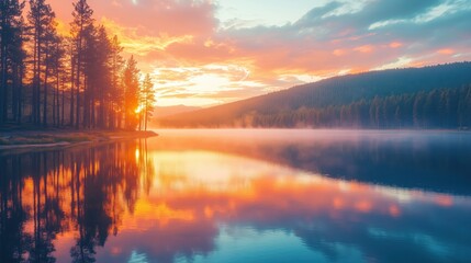 Wall Mural - a serene sunset reflecting on a tranquil lake surrounded by trees.