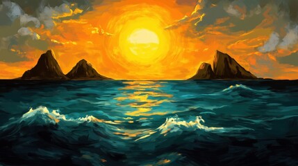 Wall Mural - a vibrant sunset illuminating the ocean with waves and rocky islands in the distance.