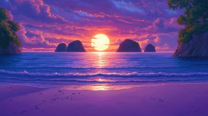 Wall Mural - a vibrant sunset illuminating the ocean with colorful clouds and silhouettes of distant islands.