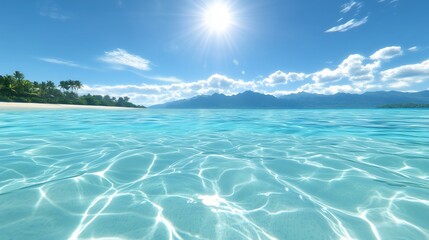 Wall Mural - a serene tropical ocean view with clear blue water and a bright sun shining in the sky.