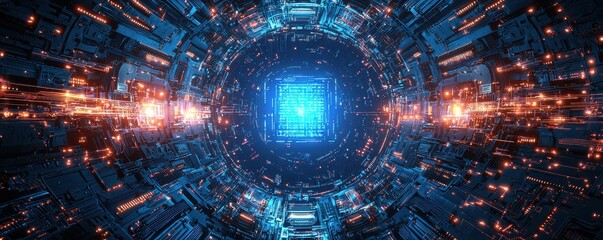 Wall Mural - futuristic circuit board showcasing glowing microchip technology in detail