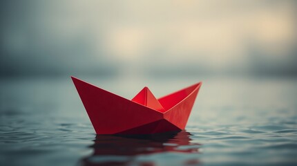 close-up of a bright red paper boat on dark blue water, splashing visible, soft pastel colors, drizz