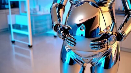 Leinwandbilder - A highly advanced robot with a reflective surface exhibits a pregnant form in a sterile bioengineering lab. Surrounded by modern equipment, it holds its midsection, indicating surrogacy technology.
