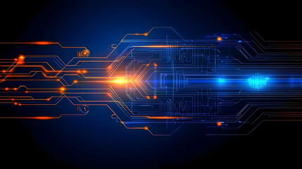 Abstract Digital Circuit Design with Blue and Orange Hues and Glowing Lines