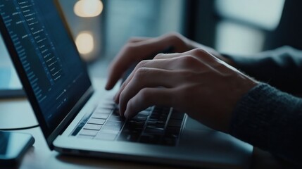 Close-up of hands coding on a laptop, programming in a dimly lit environment