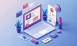 © Arnate - Isometric illustration of a digital marketing campaign, social media icons, SEO analytics dashboard, and targeted ads, minimal and professional vector art.
