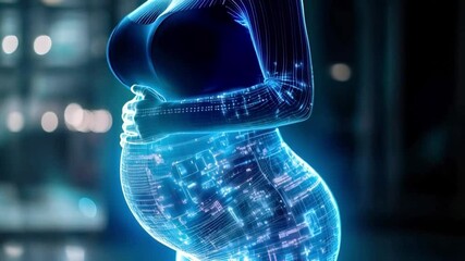 Leinwandbilder - A futuristic concept showcases a pregnant individual enveloped in digital bioengineering elements.