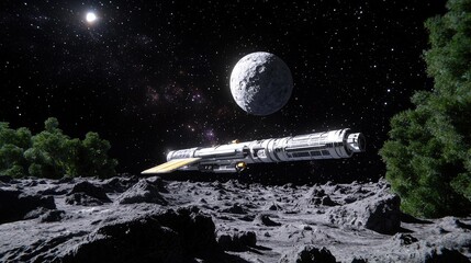 Wall Mural - spaceship landing on lunar surface, celestial background, science fiction