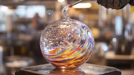 Crafting molten glass into artful shapes, vibrant colors swirling. Glassblowing mastery creates exquisite objects, a beautiful display of handmade craft.