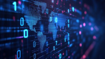 abstract digital world map on blue background with binary code and global network connection technol