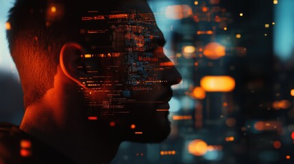 human profile depicted in futuristic digital art with a data overlay focused on technology and stock
