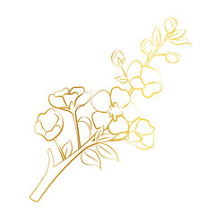 Cherry tree branch. Sakura in gold gradient. Line illustration of spring flowers and trees on white background.