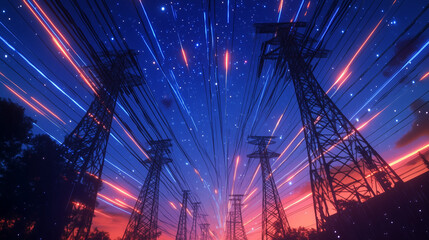 render of power transmission lines with 3d digital visualization of electricity. fantastic visuals o