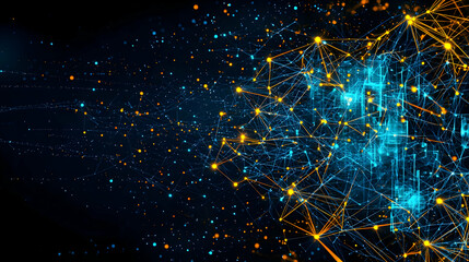Abstract Digital Network Visualization with Blue and Orange Glowing Dots on Dark Background